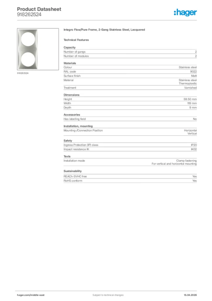 Image Hager Product data sheet 918262524  | Hager