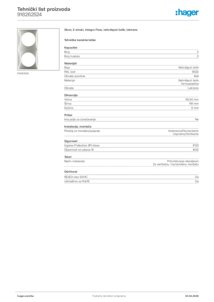 Slika Hager Tehnički list proizvoda 918262524  | Hager