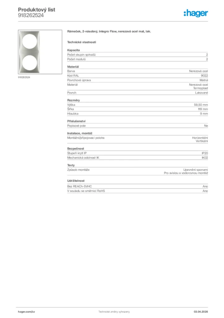 Obrázek Hager Product data sheet 918262524 | Hager