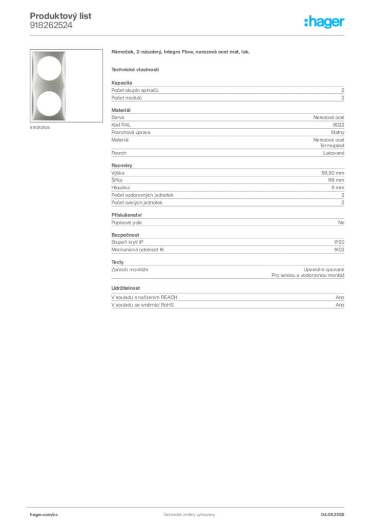 Obrázek Hager Produktový list 918262524 | Hager
