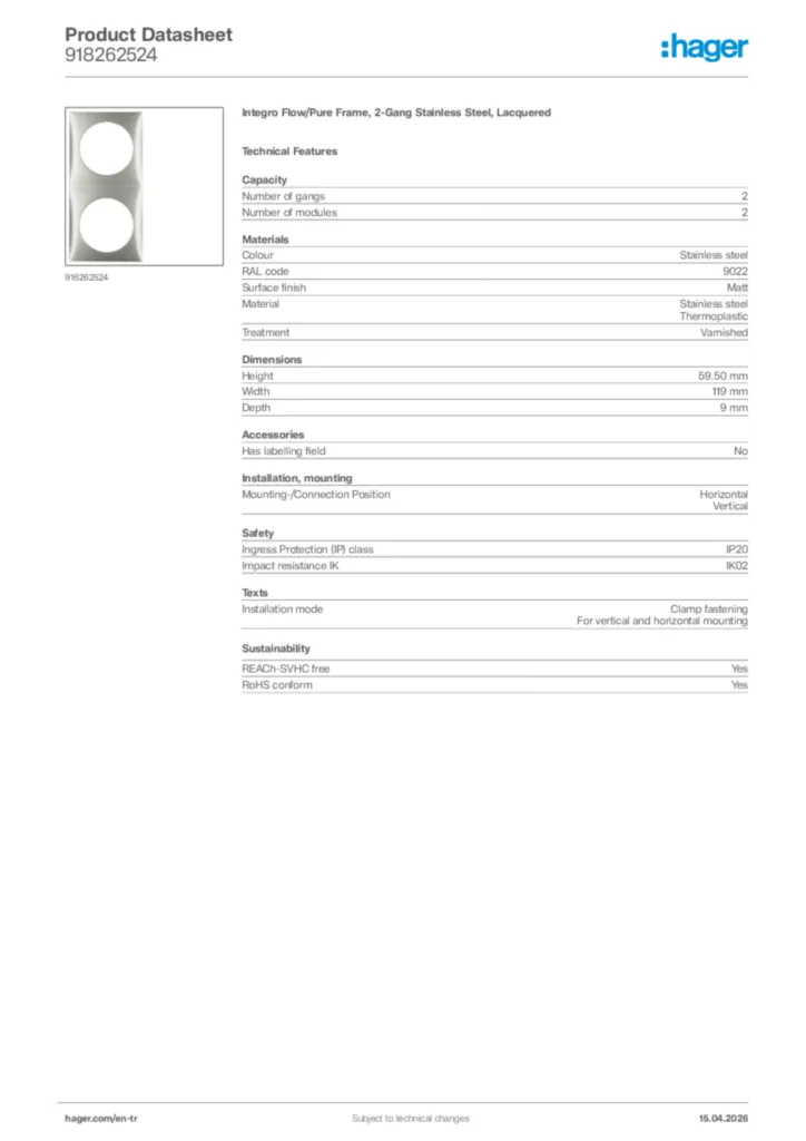 Image Hager Product data sheet 918262524  | Hager