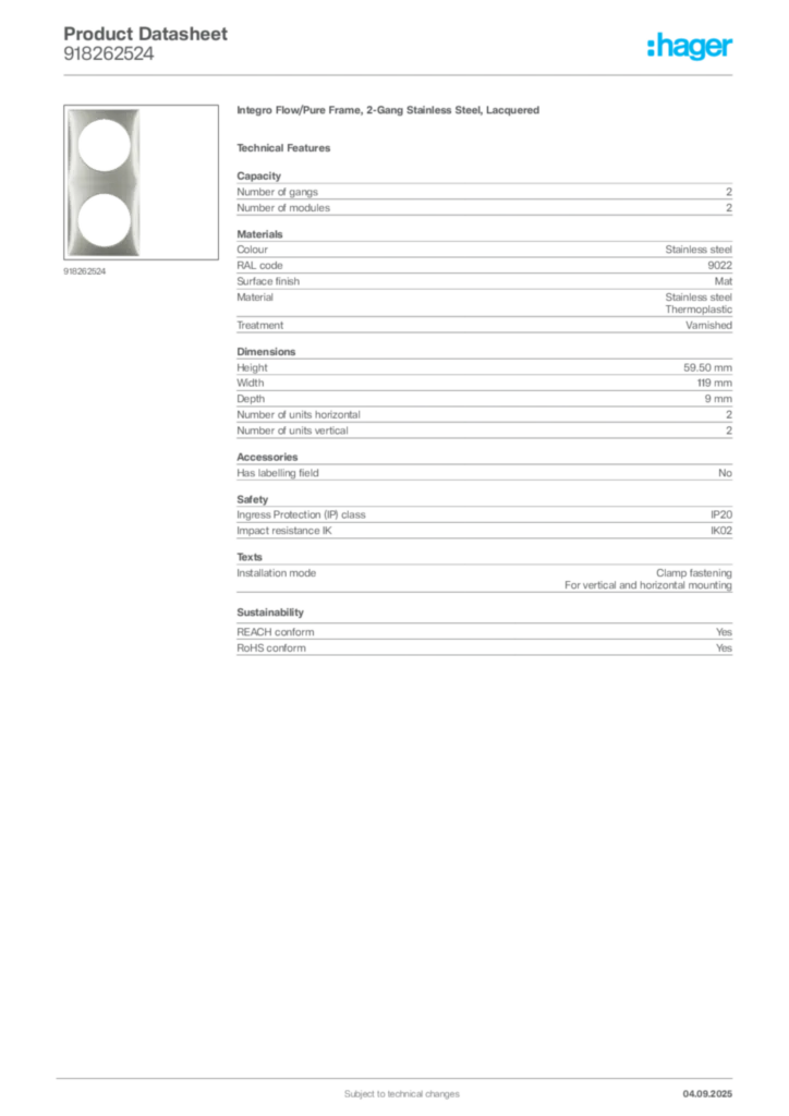 Image Hager Product data sheet 918262524  | Hager