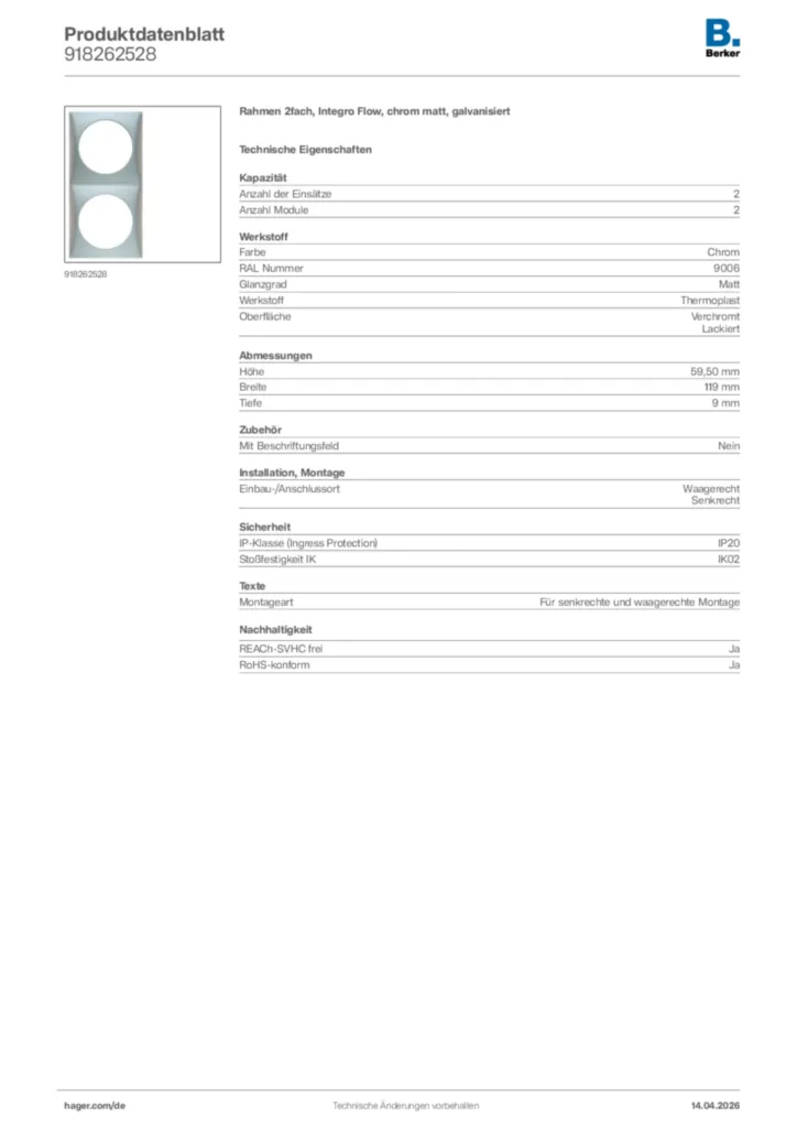 Bild Berker Produktdatenblatt 918262528 | Hager Deutschland