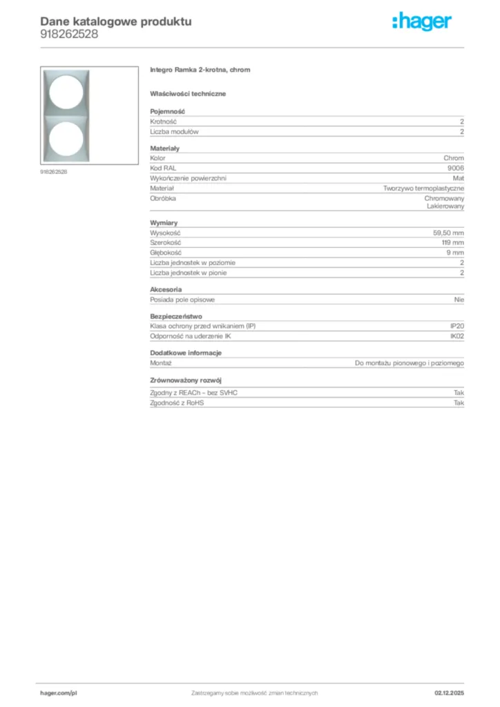 Zdjęcie Hager Dane katalogowe produktu 918262528 | Hager Polska
