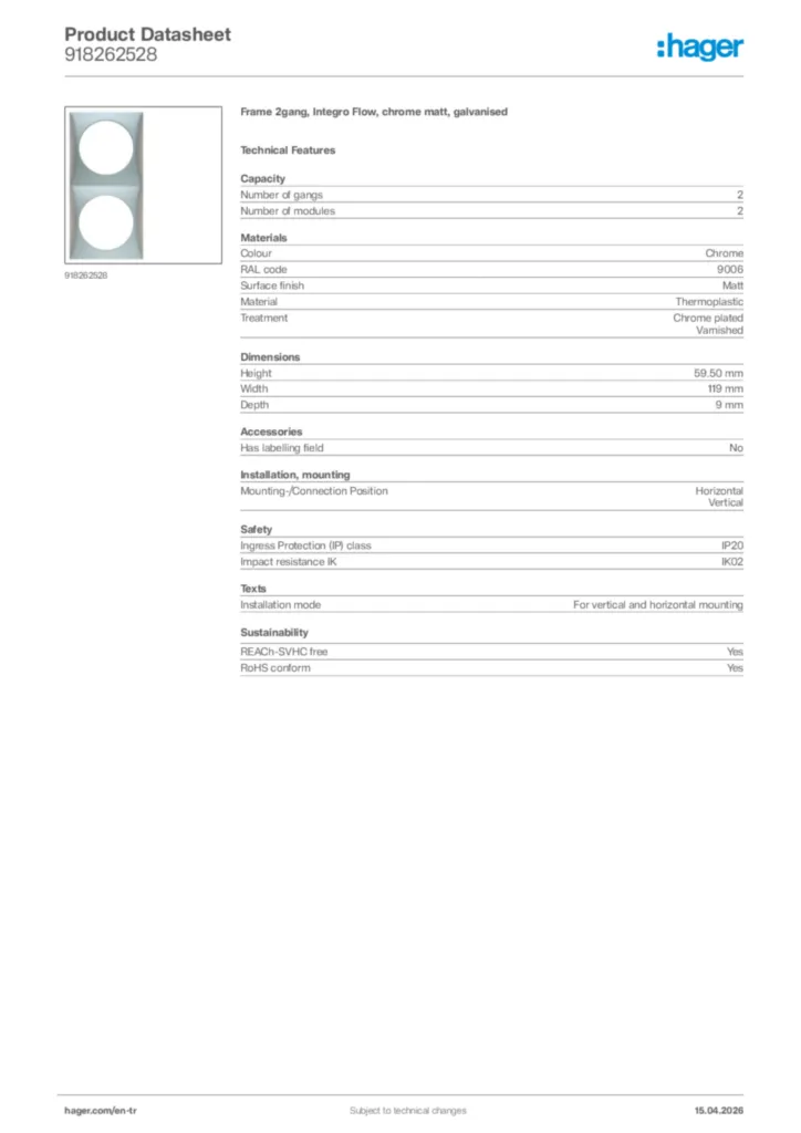 Image Hager Product data sheet 918262528  | Hager
