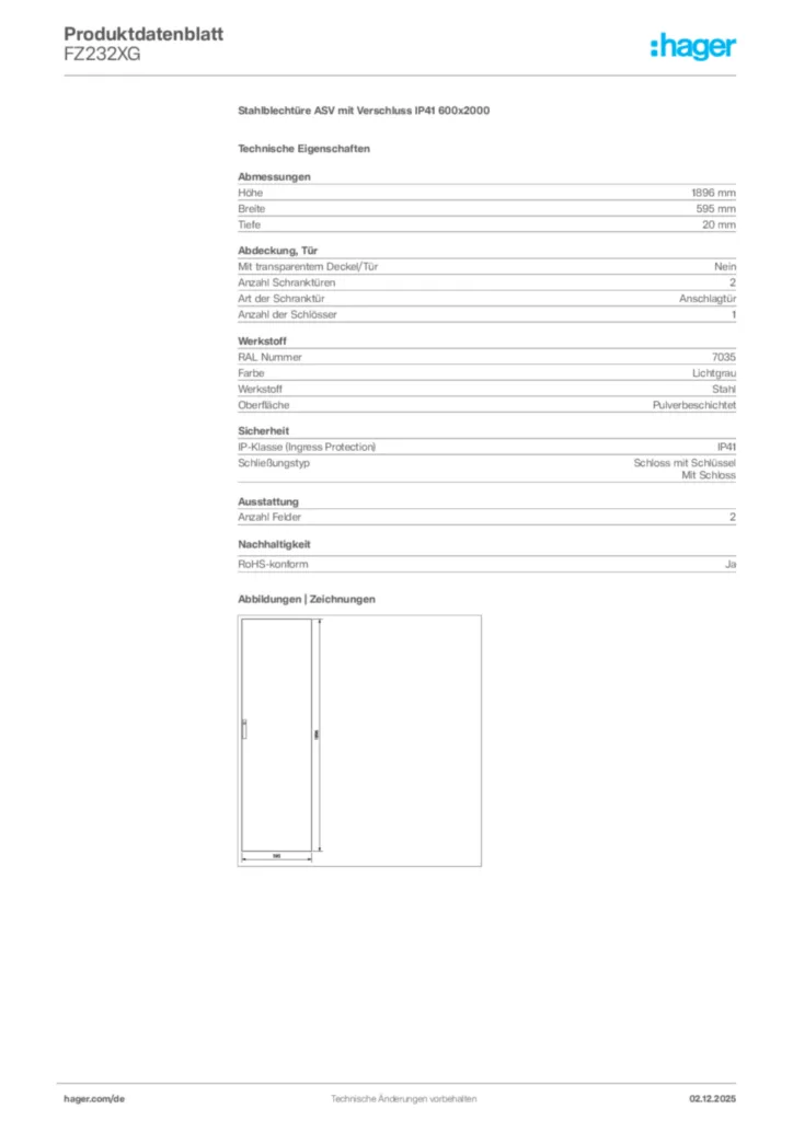 Bild Hager Produktdatenblatt FZ232XG | Hager Deutschland