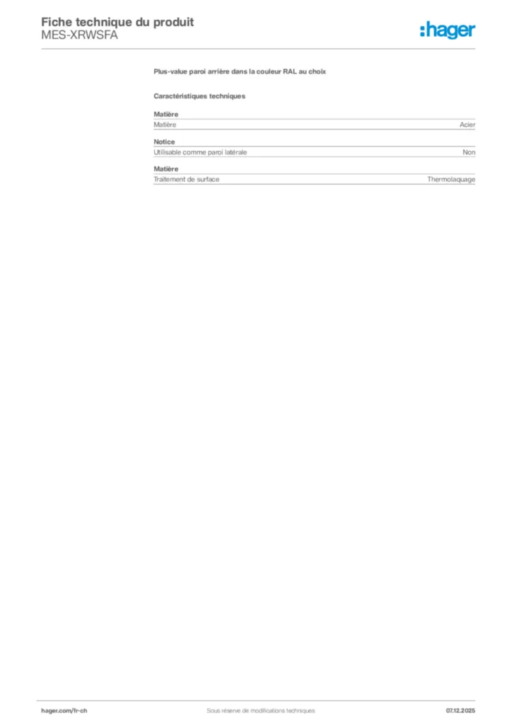 Image Hager Fiche technique du produit MES-XRWSFA | Hager Suisse