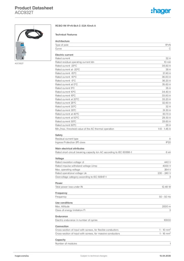 Image Hager Product data sheet ACC932T  | Hager Australia