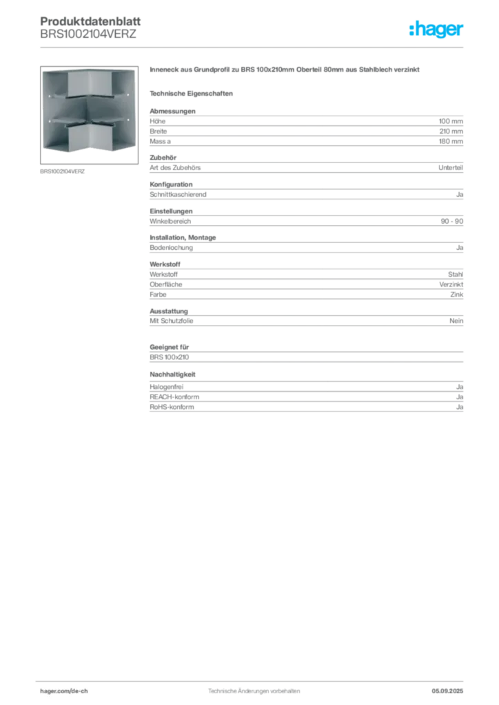 Bild Hager Produktdatenblatt BRS1002104VERZ | Hager Schweiz