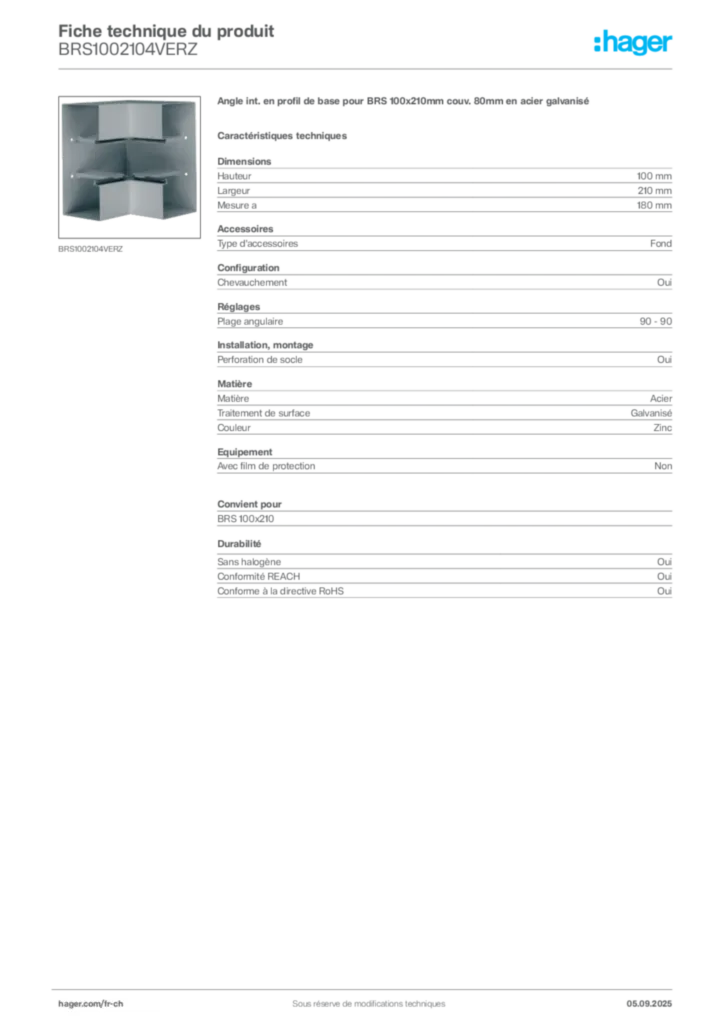Image Hager Fiche technique du produit BRS1002104VERZ | Hager Suisse
