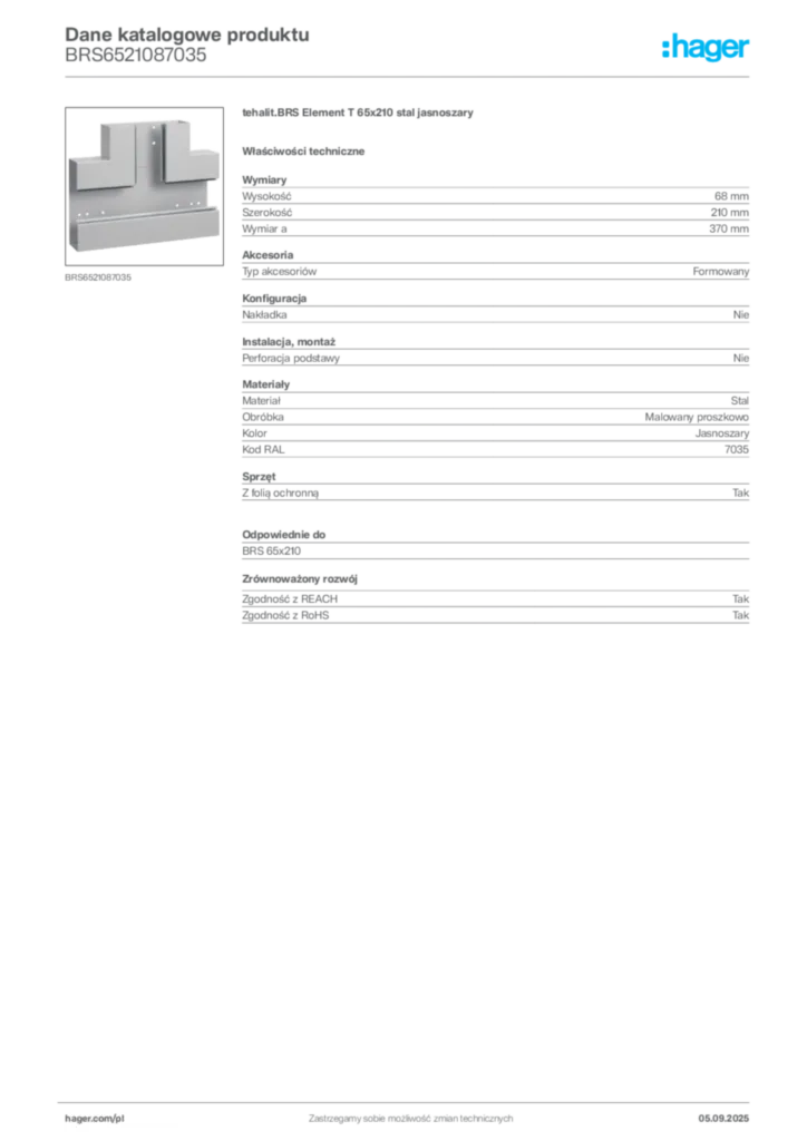 Zdjęcie Hager Dane katalogowe produktu BRS6521087035 | Hager Polska