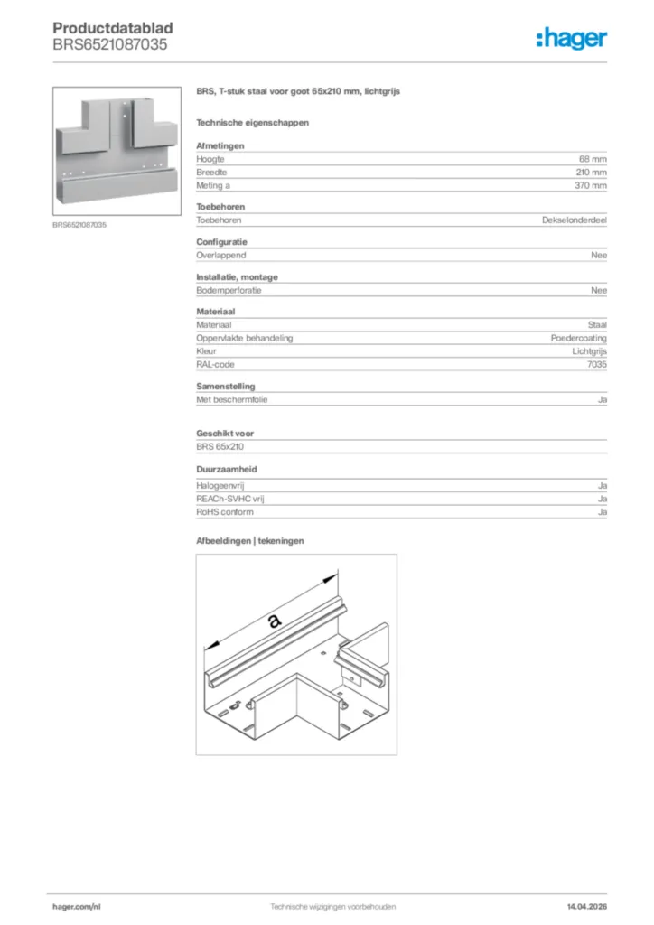 Afbeelding Hager Productdatablad BRS6521087035 | Hager Nederland