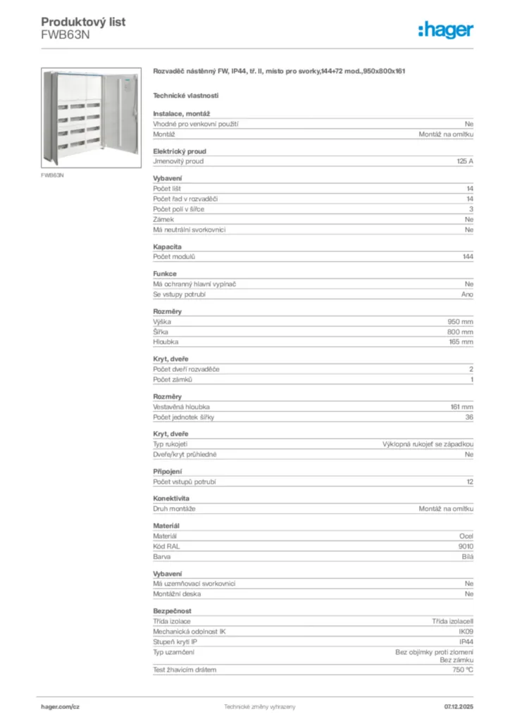 Obrázek Hager Product data sheet FWB63N | Hager