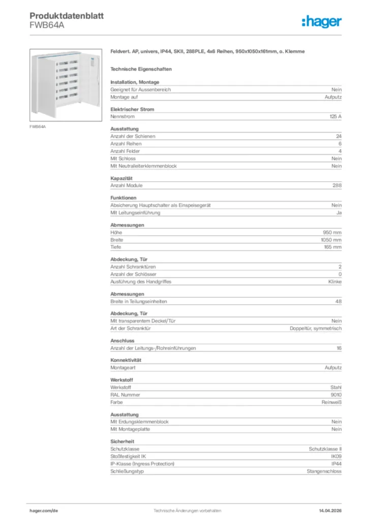Bild Hager Produktdatenblatt FWB64A | Hager Deutschland