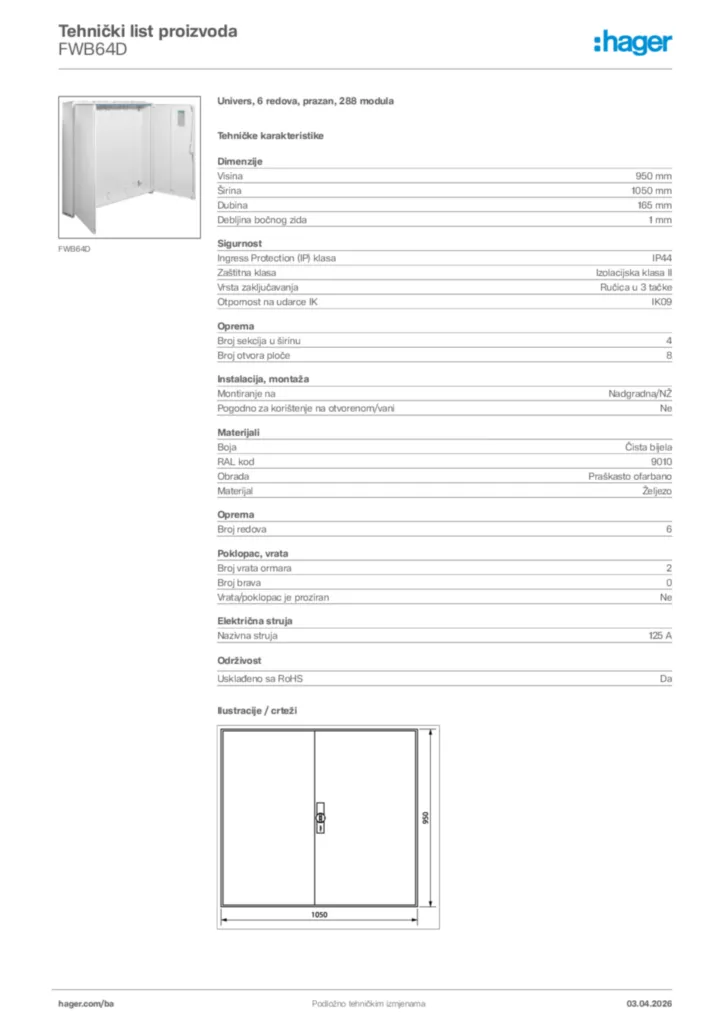 Slika Hager Tehnički list proizvoda FWB64D  | Hager