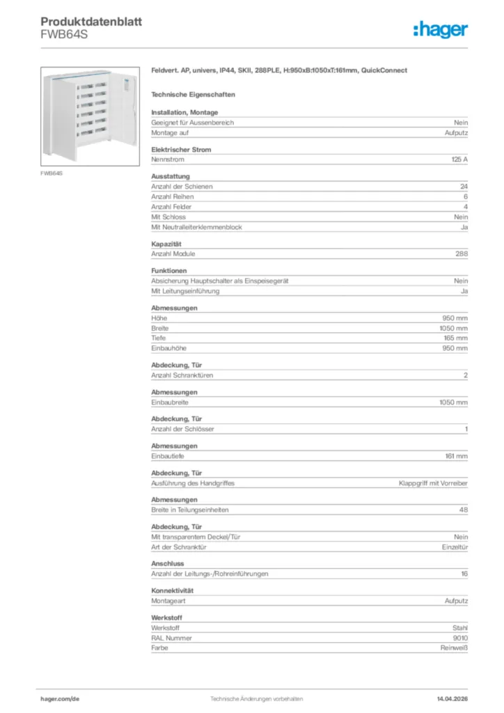 Bild Hager Produktdatenblatt FWB64S | Hager Deutschland