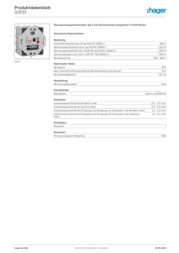 Bild Hager Produktdatenblatt G3133 | Hager Deutschland
