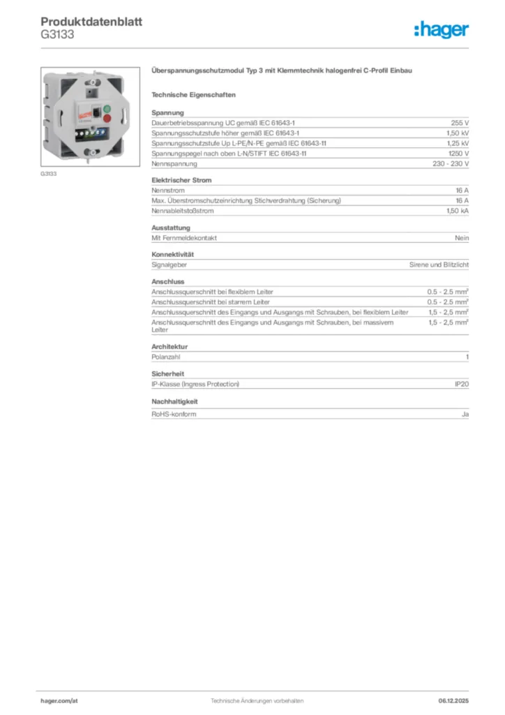 Bild Hager Produktdatenblatt G3133 | Hager Deutschland