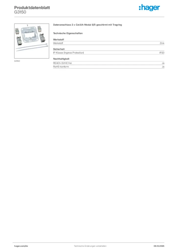 Bild Hager Produktdatenblatt G3150 | Hager Deutschland