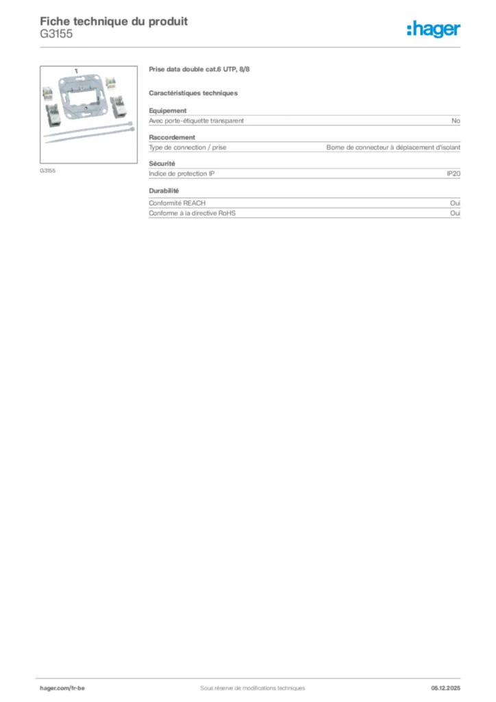 Image Hager Fiche technique du produit G3155 | Hager Belgique