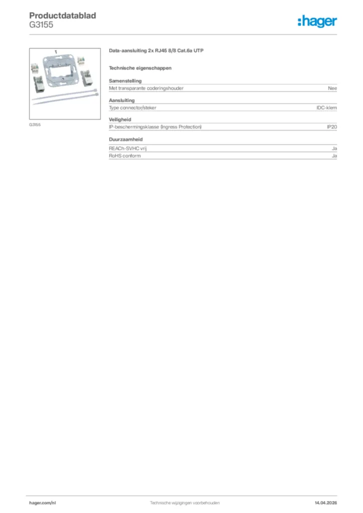 Afbeelding Hager Productdatablad G3155 | Hager Nederland
