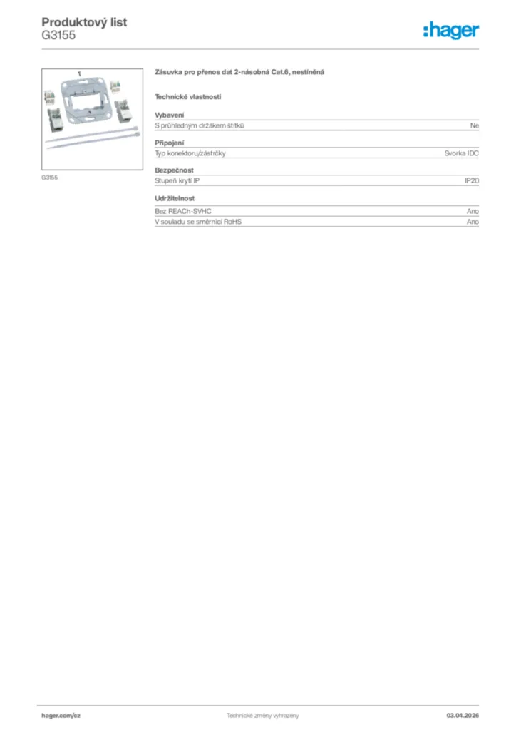 Obrázek Hager Product data sheet G3155 | Hager