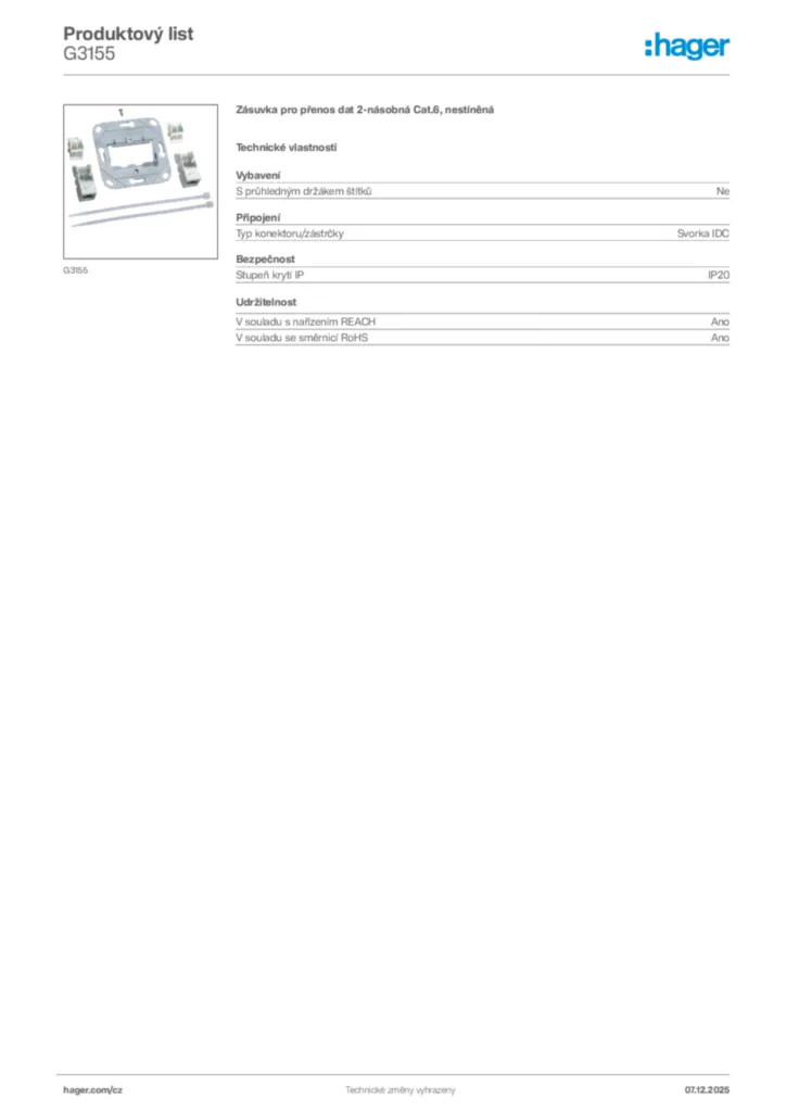 Obrázek Hager Product data sheet G3155 | Hager