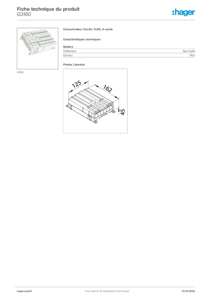 Image Hager Fiche technique du produit G3160 | Hager France