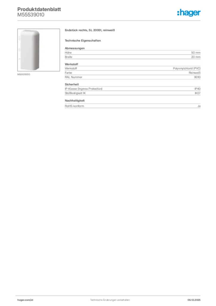 Bild Hager Produktdatenblatt M55539010 | Hager Deutschland