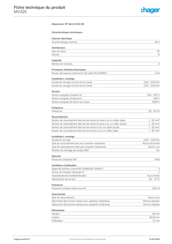 Image Hager Fiche technique du produit MV325 | Hager Afrique