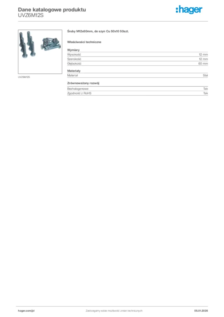 Zdjęcie Hager Karta katalogowa UVZ6M12S | Hager Polska