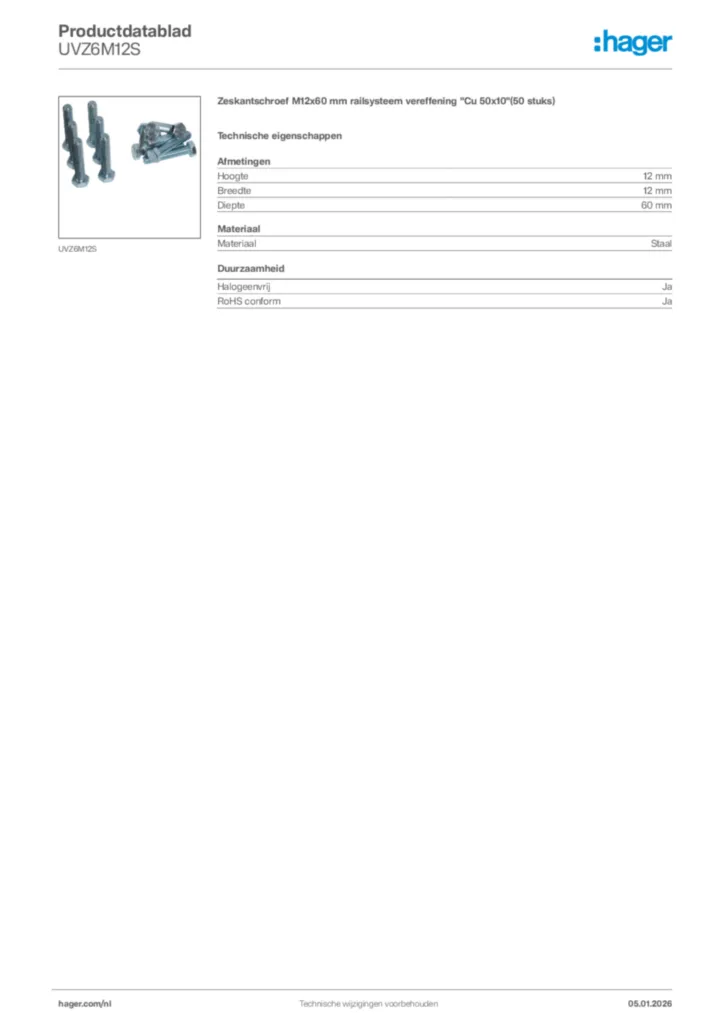 Afbeelding Hager Productdatablad UVZ6M12S | Hager Nederland