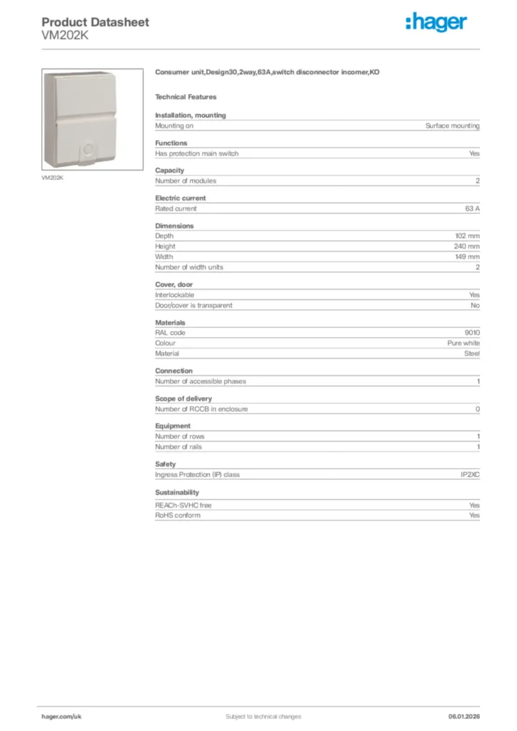 Image Hager Product data sheet VM202K  | Hager