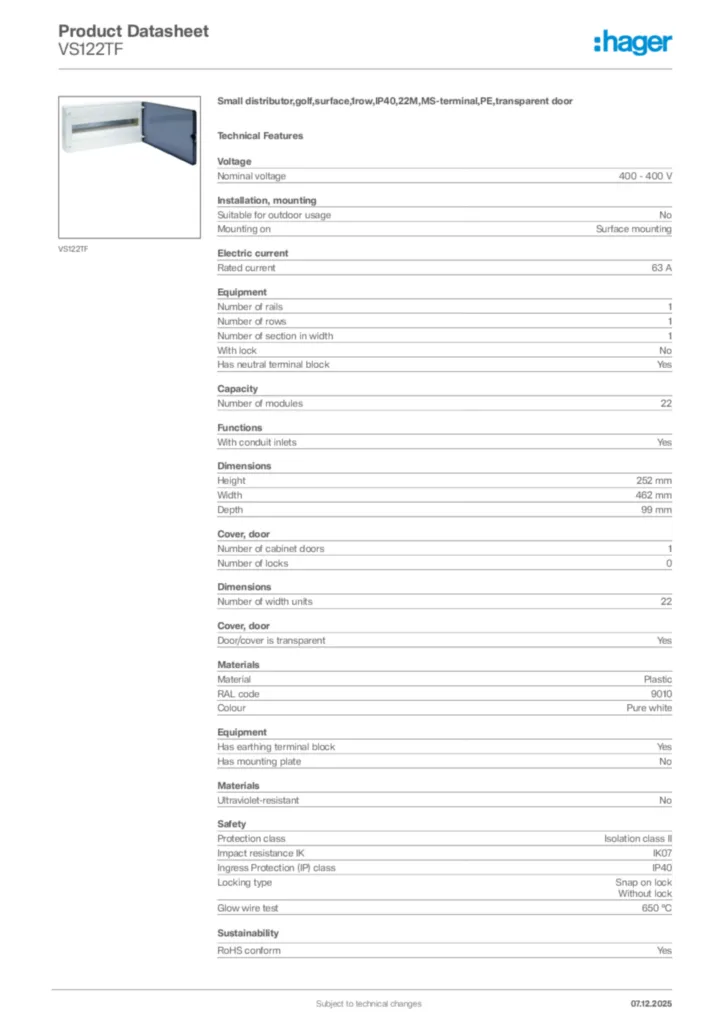 Image Hager Product data sheet VS122TF  | Hager Africa