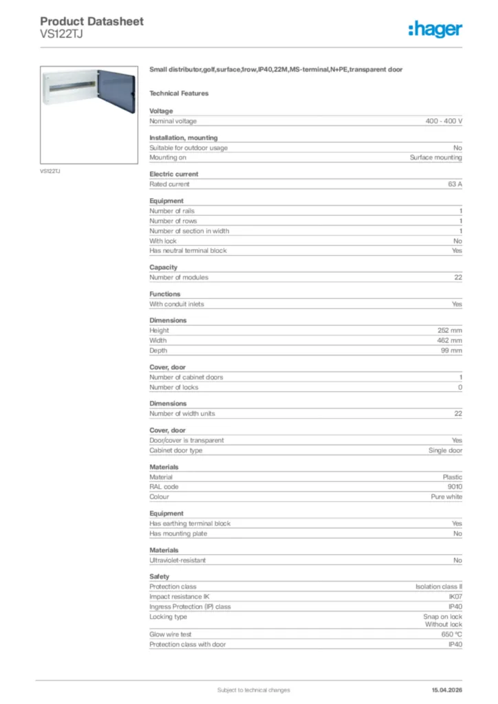 Image Hager Product data sheet VS122TJ  | Hager Africa