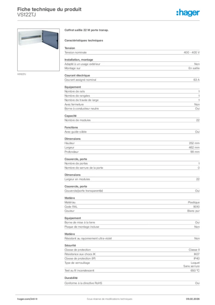 Image Hager Fiche technique du produit VS122TJ | Hager Afrique