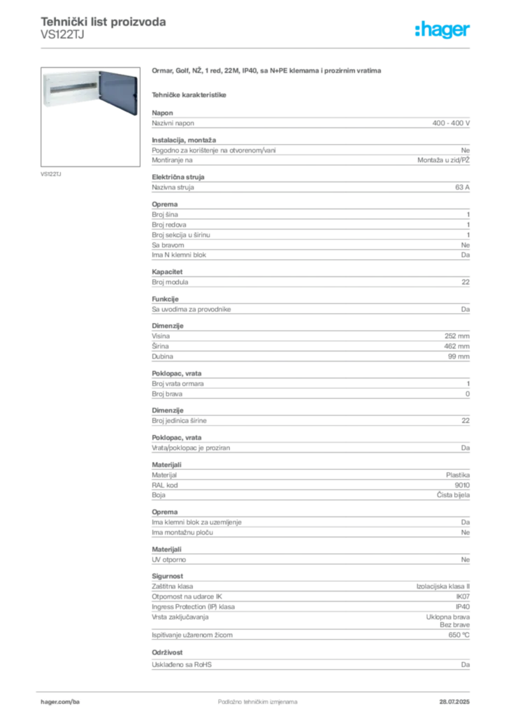 Slika Hager Product data sheet VS122TJ  | Hager