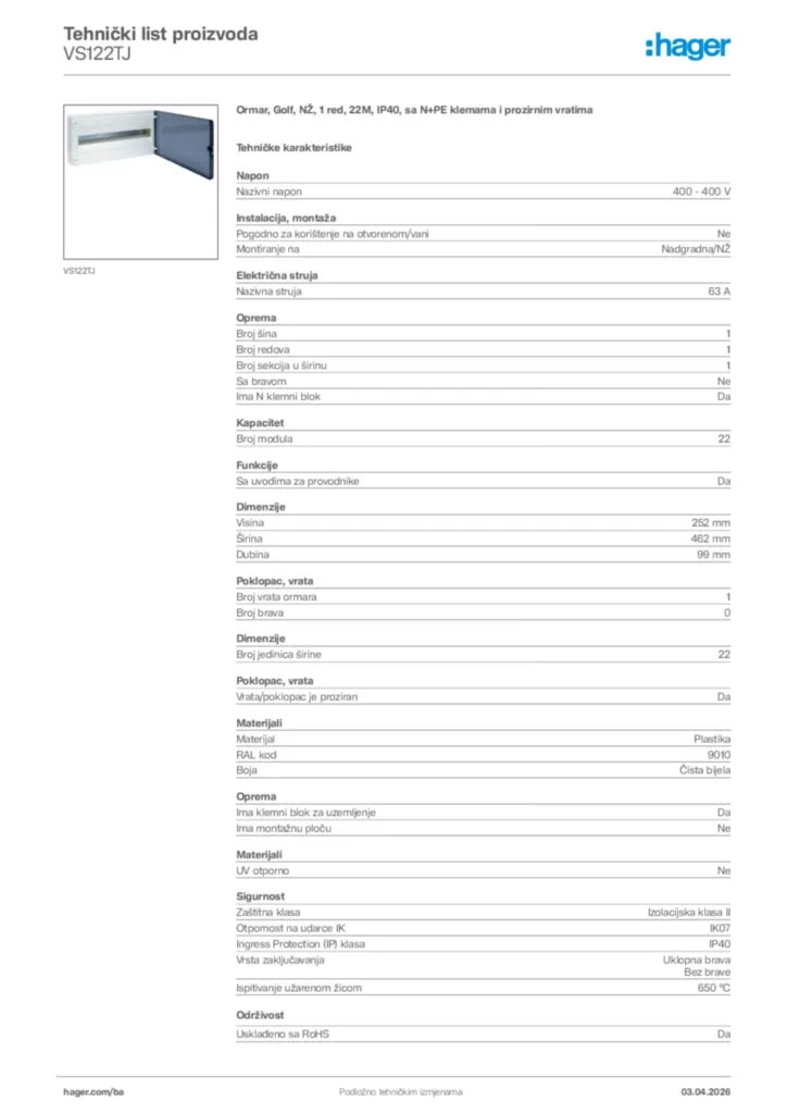 Slika Hager Tehnički list proizvoda VS122TJ  | Hager