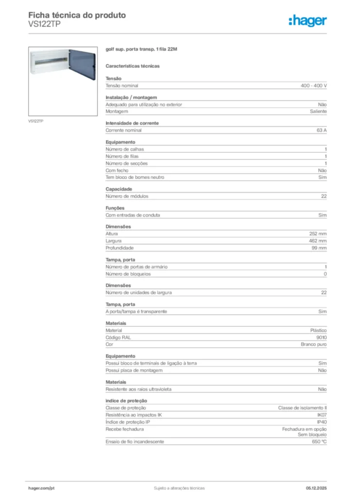 Imagem Hager Ficha técnica do produto VS122TP | Hager Portugal