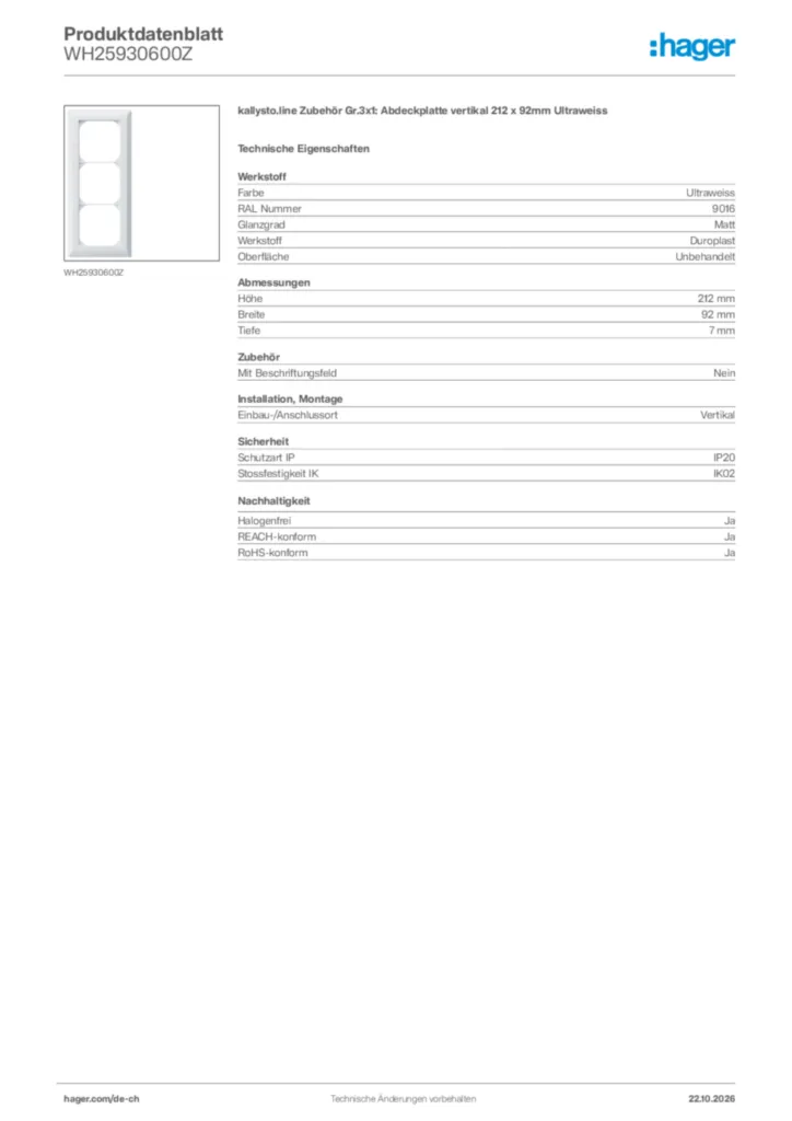 Bild Hager Produktdatenblatt WH25930600Z | Hager Schweiz