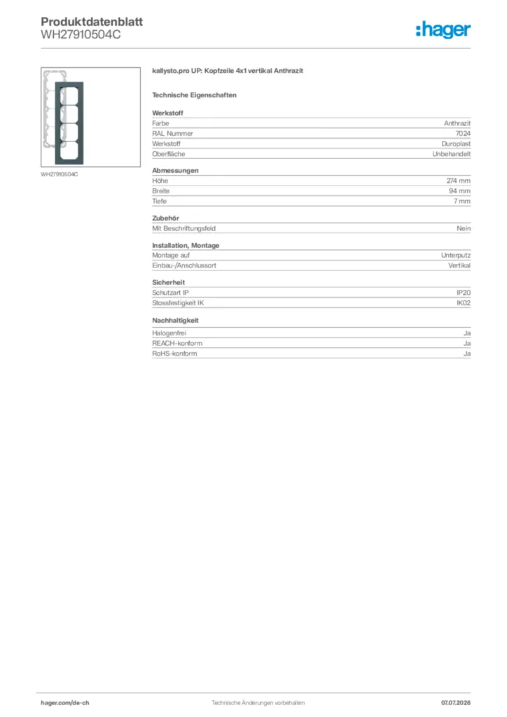 Bild Hager Produktdatenblatt WH27910504C | Hager Schweiz