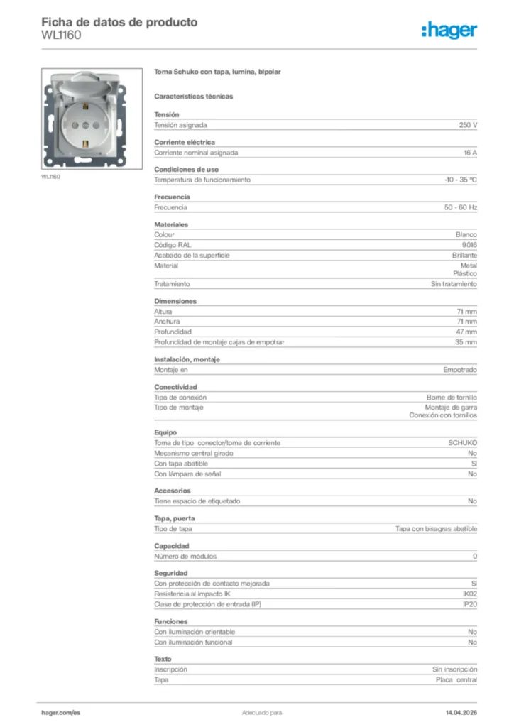Imagen Hager Ficha de datos de producto WL1160 | Hager España