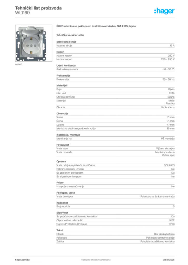 Slika Hager Product data sheet WL1160  | Hager