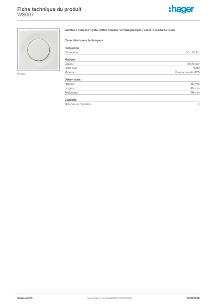 Image Hager Fiche technique du produit WS067 | Hager France