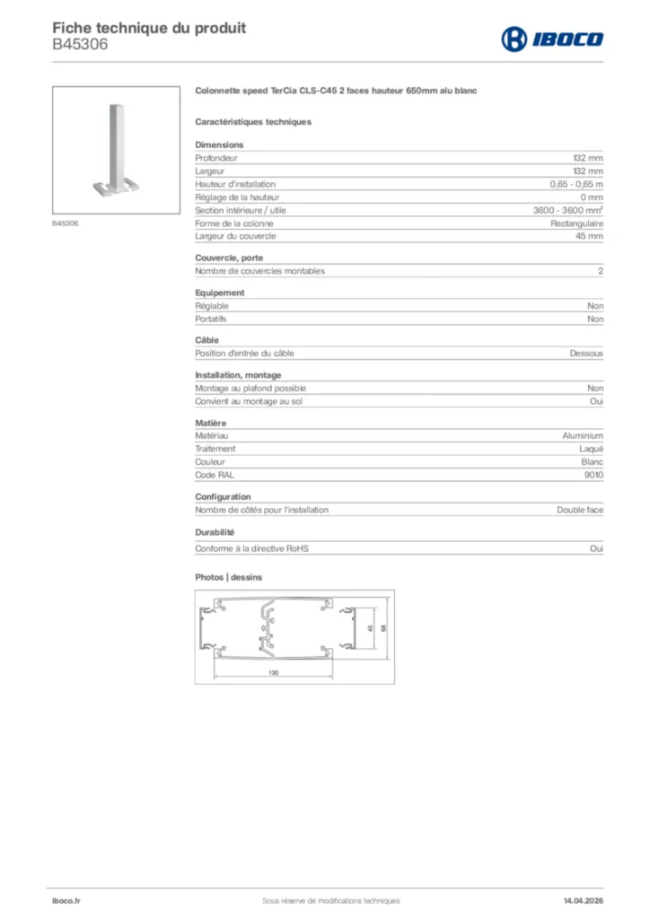 Image Iboco Fiche technique du produit B45306 | Hager France