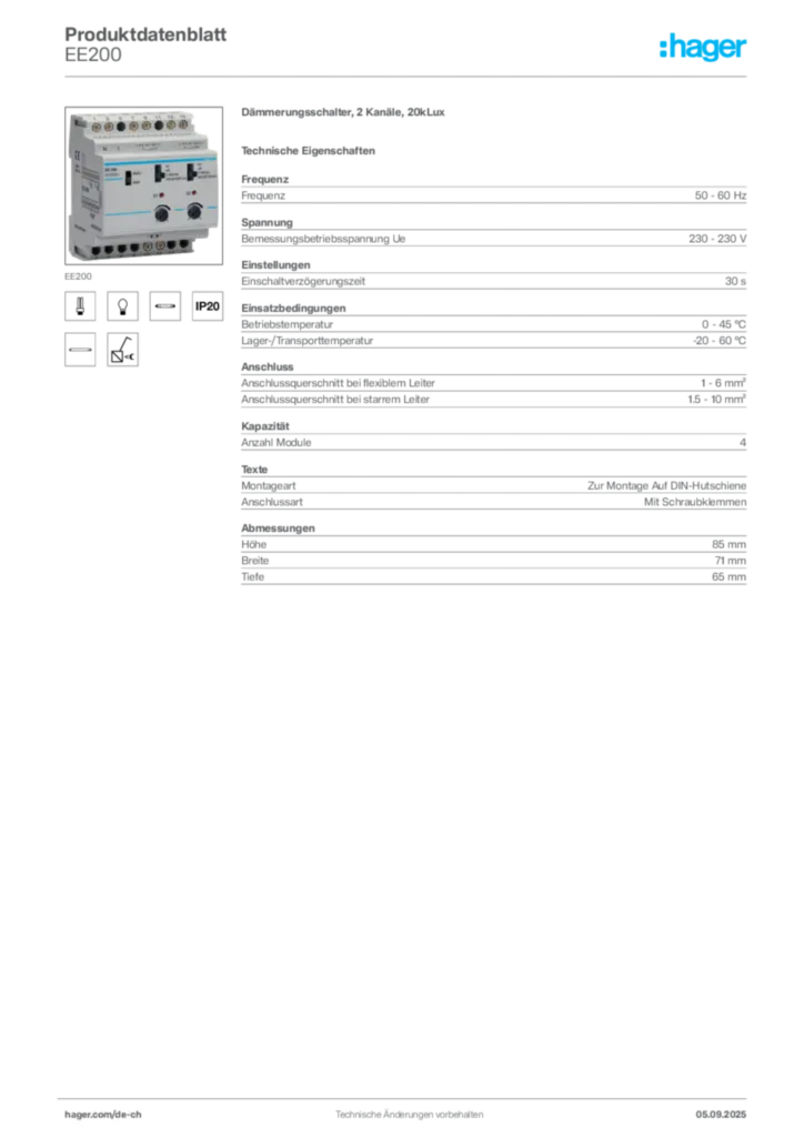 Bild Hager Produktdatenblatt EE200 | Hager Schweiz
