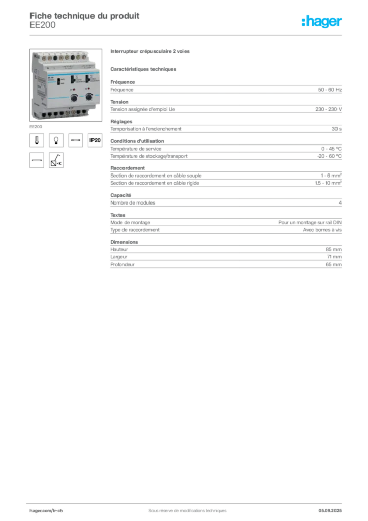 Image Hager Fiche technique du produit EE200 | Hager Suisse