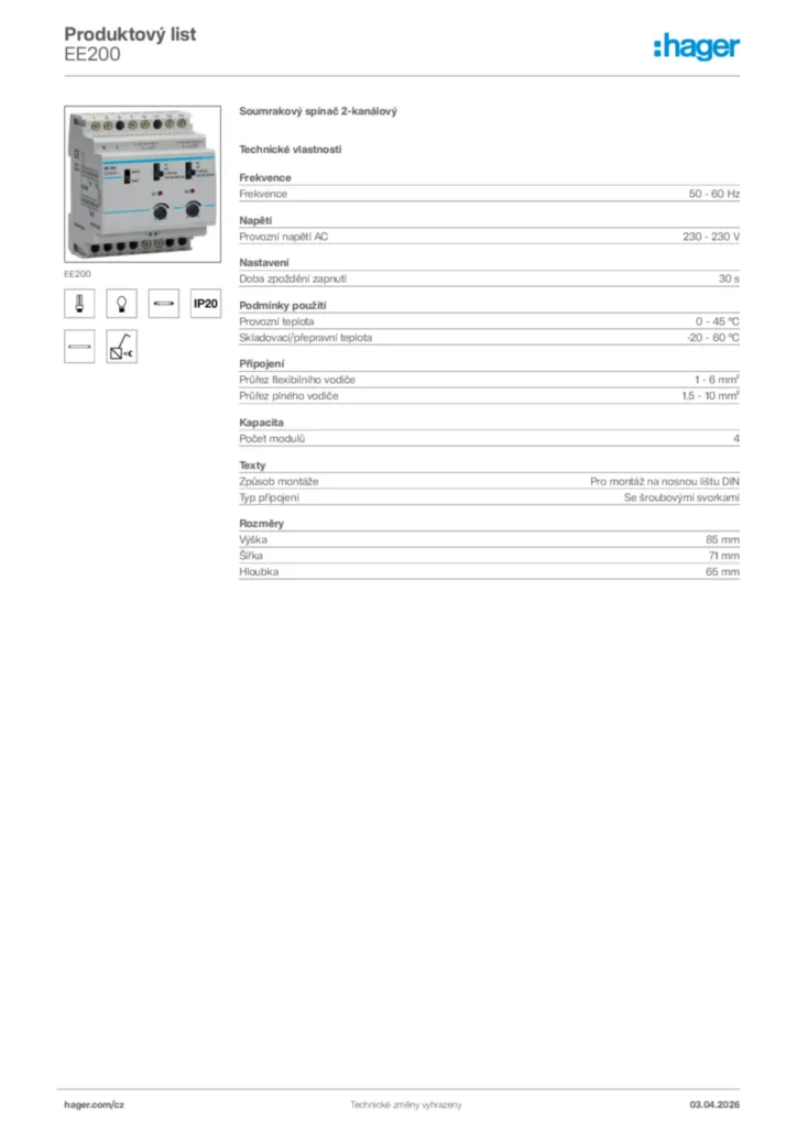 Obrázek Hager Product data sheet EE200 | Hager