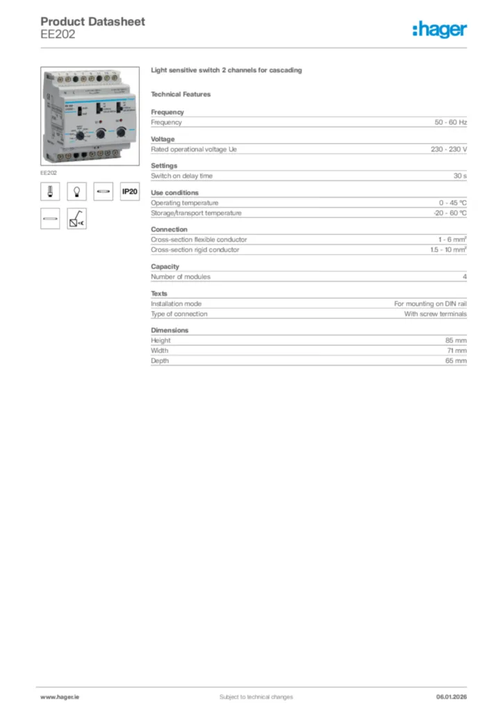 Image Hager Product data sheet EE202  | Hager