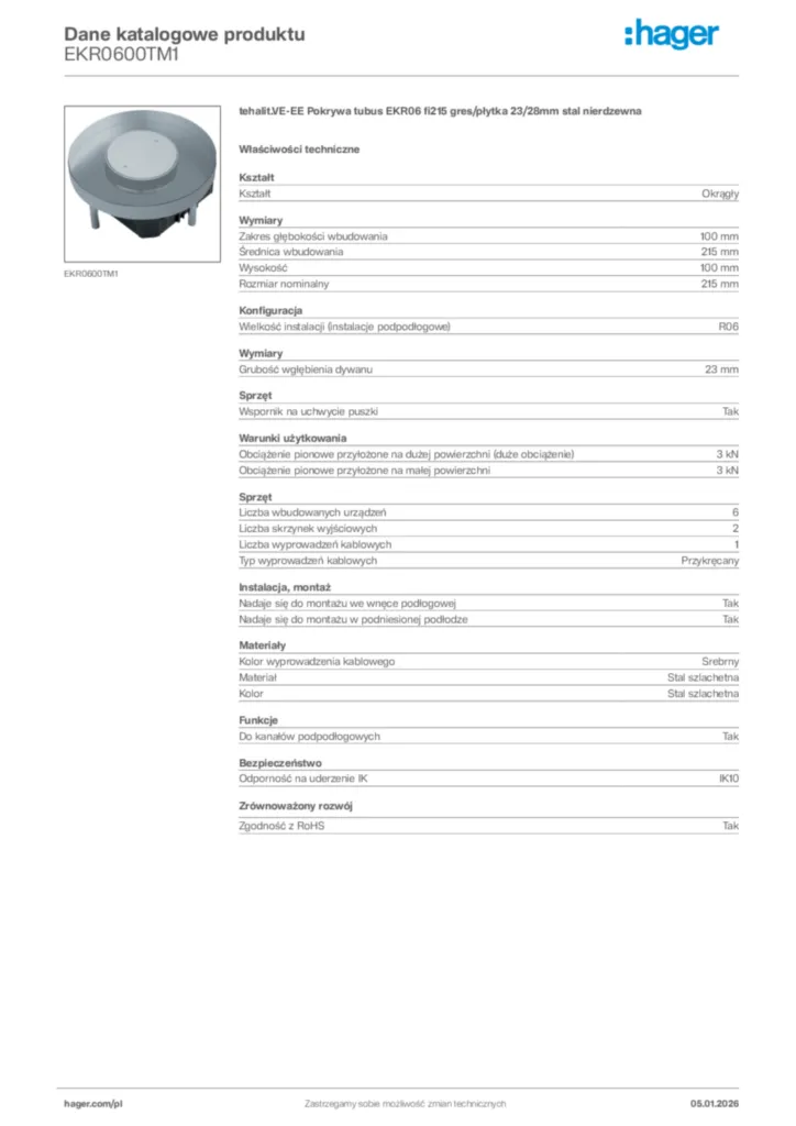 Zdjęcie Hager Karta katalogowa EKR0600TM1 | Hager Polska